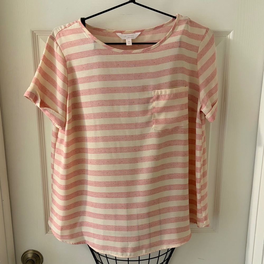 LC Lauren Conrad Blouse Womens Medium Pink Cream Stripe Short Sleeve Pocket